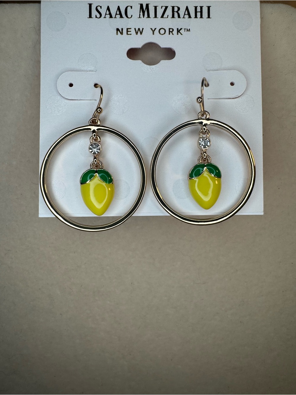 New Isaac Mizrahi Lemon Charm Hoop Earrings with Green Leaves